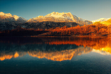 Mountain Reflection on an Empty Lake, Sunlight Shining on Golden Hours | Generative Art