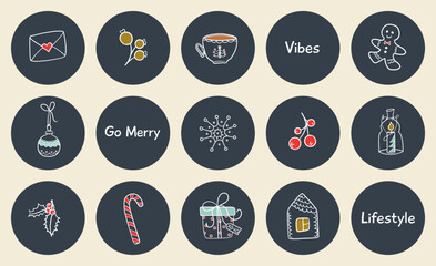 Vector pictograms. Social media highlights cover. Cute Christmas stickers. Holiday's icons for restaurant, cafe, bloggers.