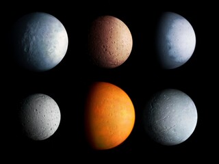 Comparison of planetary satellites on a black background. Moons of different sizes with craters on the surface. Composite image of solar system objects.