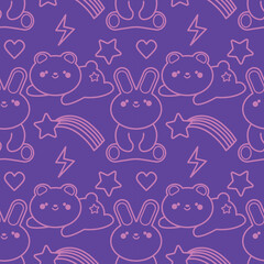 seamless pattern withanimals in kawaii line style. hand drawn vector illustration. Panda bear and bunny EPS