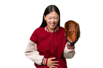Young asian woman with baseball glove over isolated background smiling a lot