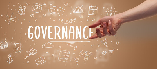 Close-Up of cropped hand pointing at business inscription