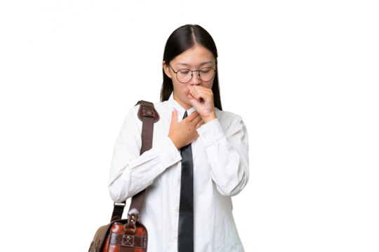 Young Asian business woman over isolated background is suffering with cough and feeling bad