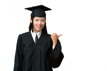Young university graduate Asian woman over isolated background pointing to the side to present a product
