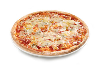 Pizza Margherita - Four Cheese Pizza – Authentic Italian Food, Plate, Close Up, Isolated on White Background -  Cheddar, Parmigiano, Mozzarella, Blue Cheese 