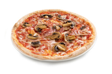 Pizza Margherita - Ham and Mushrooms Pizza – Authentic Italian Food, Plate, Close Up, Isolated on White Background