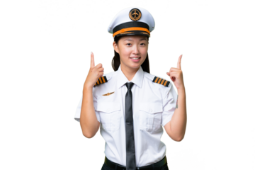 Airplane pilot Asian woman over isolated background pointing up a great idea