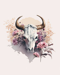 a cow skull on a white background, surrounded by pink flowers, water color style, boho, horns, wall art, vector, ai assisted