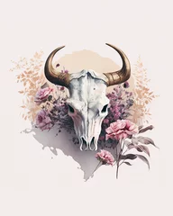 Cercles muraux Crâne aquarelle a cow skull on a white background, surrounded by pink flowers, water color style, boho, horns, wall art, vector, ai assisted