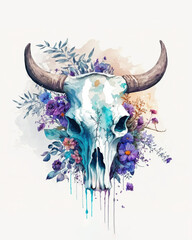 a cow skull on a white background, surrounded by purple and blue flowers, water color style, bull, horns, farmhouse decor, boho, ai assisted