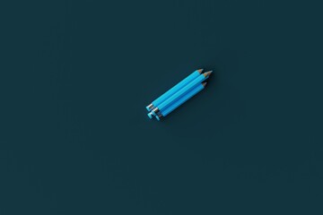 Three blue pencils on a blue background. Concept of school, back to school. 3d render.
