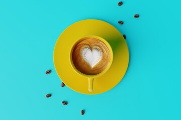 Top view of a yellow cup of coffee on a blue pastel background and a coffee zone. Concept of drinking coffee, cafe. Energy. 3d rendering, 3d illustration.