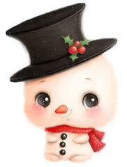 Illustration of a cute cartoon christmas snowman. Transparent background PNG
