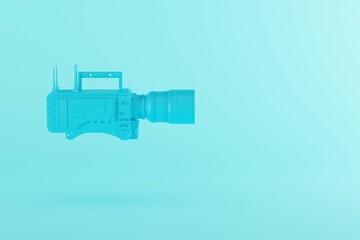A blue film camera on a pastel blue background. Concept of filming, making movies. 3d rendering, 3d illustration.
