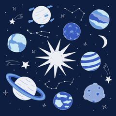 Fototapeta premium Planets in space around the sun on blue background of the universe. Constellations and shooting stars, crescent moon. Vector illustration hand drawn doodle. Amazing outer space