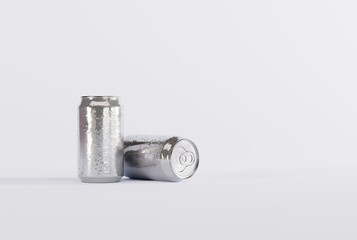Aluminum cans on a light background. Concept of using ecological packaging, environmental protection. Aluminum silver cans. 3D render, 3D illustration.