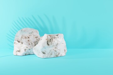 Granite stones on a blue background and a leaf shadow. Concept of abstract background, background for products and product image. 3D render, 3D illustration.