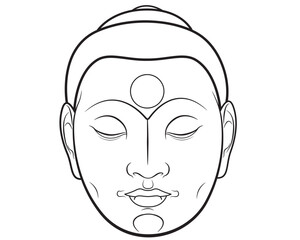Buddha face isolated on white. Esoteric vintage vector illustration. Indian, Buddhist, spiritual art.