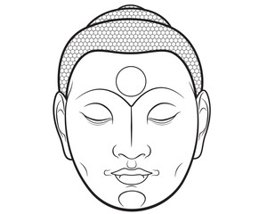 Buddha face isolated on white. Esoteric vintage vector illustration. Indian, Buddhist, spiritual art.