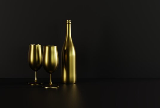 Wine glasses and a bottle of wine on a dark background. The concept of still life, the use of glasses, wine. 3D render, 3D illustration.