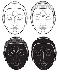 Set of Buddha face isolated on white. Esoteric vintage vector illustration. Indian, Buddhist, spiritual art.