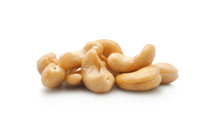 Heap of cashew nut (snack nut) closeup isolated on white background 