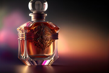  a bottle of perfume with a design on it on a table top with a blurry background and a light. Generative AI