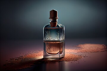  a bottle of perfume sitting on a table with a brown substance on it's surface and a blue background. Generative AI