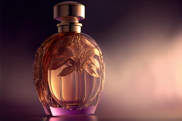  a bottle of perfume with a flower on it on a table with a blurry background of light and shadows. Generative AI