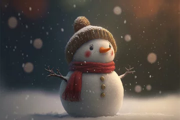 Poster tiny cute snowman standing on snowy field in winter christmas festive. © Nokhoog