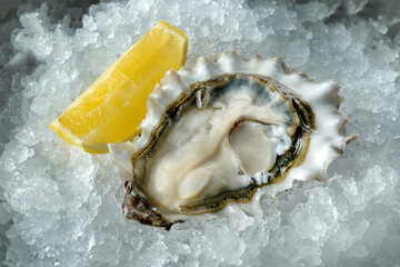 Fresh oyster on ice with lemon, fresh and beautiful.
