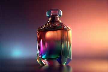  a bottle of perfume with a multicolored light in the background and a reflection of the bottle on the floor. Generative AI