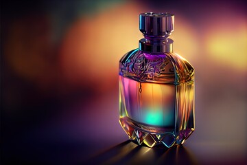  a colorful bottle of perfume on a black background with a blurry background behind it and a light reflection on the bottle. Generative AI