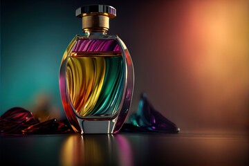  a colorful bottle of perfume sitting on a table next to a pair of glass shards on the floor of a room. Generative AI