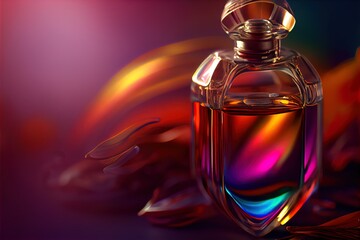 a colorful bottle of perfume on a colorful background with a blurry background behind it and a red and yellow ribbon. Generative AI
