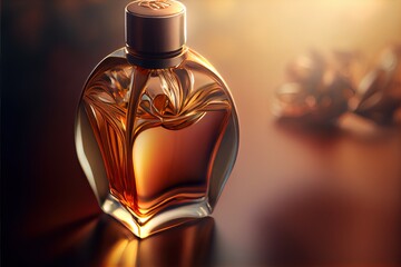 a bottle of perfume sitting on a table with a blurry background of flowers in the bottle and a small vase. Generative AI