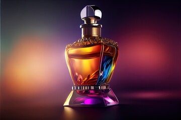  a colorful bottle of perfume on a purple background with a light reflection on the bottle and a purple light behind it. Generative AI