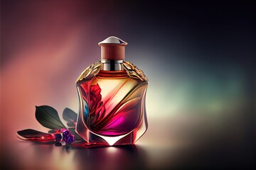  a bottle of perfume with a rose on the side of it and a leaf on the side of it. Generative AI
