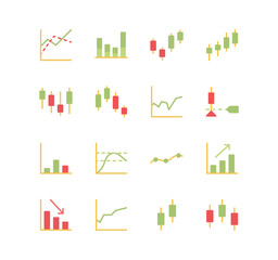 Set of finance and marketing icons, graph, market, statistic, chart, diagram, grid, bar, arrow and flat line variety vectors.
