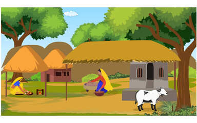 Group of women working at her village. Flat vector illustration. - obrazy, fototapety, plakaty