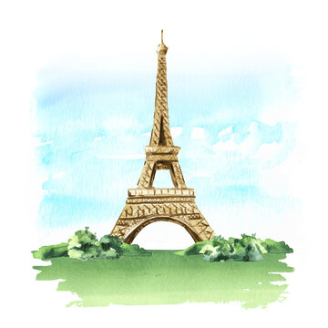Eiffel Tower, Paris simbol. Welcome to France card concept. Hand drawn watercolor illustration  isolated on white  background