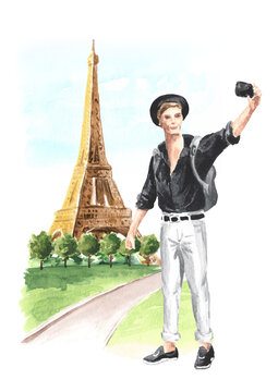 Selfie with the Eiffel Tower in Paris. Welcome to France, travel card concept. Hand drawn watercolor illustration  isolated on white  background