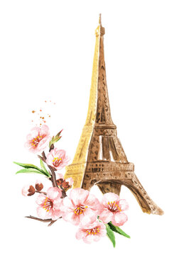 Eiffel Tower and spring flowers. Welcome to France card concept. Hand drawn watercolor illustration  isolated on white  background