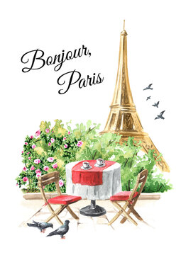 Eiffel Tower and Summer Cafe, Paris. Welcome to France card concept. Hand drawn watercolor illustration, isolated on white  background
