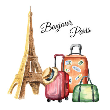 Eiffel Tower and travel suitcases. Welcome to France card concept. Hand drawn watercolor illustration  isolated on white  background