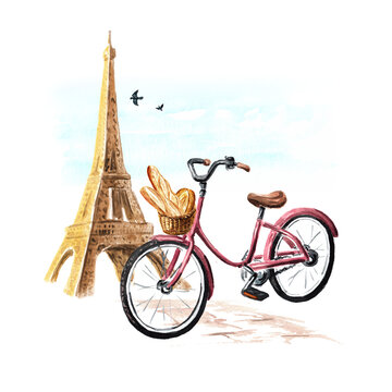 Eiffel Tower Bicycle bouquet of flowers. Hand drawn watercolor illustration, isolated on white  background