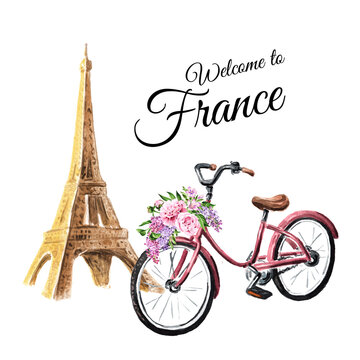 Eiffel Tower Bicycle bouquet of flowers. Welcome to France card concept. Hand drawn watercolor illustration, isolated on white  background