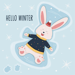 Cute rabbit makes snow angel, hello winter,  let it snow, holiday poster, greeting card