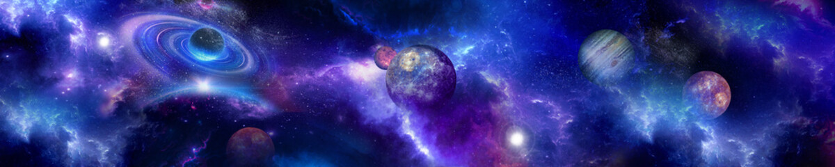 Space scene with planets, stars and galaxies. Panorama. Horizontal view for a glass panels (skinali). Template banner