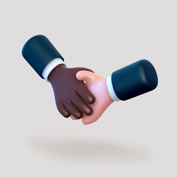 3D cartoon gesture: handshake of african and caucasian human hands. Concept of partnership, friendship and teamwork. Emoji icon of shaking businessman's hands on light background. Vector illustration.